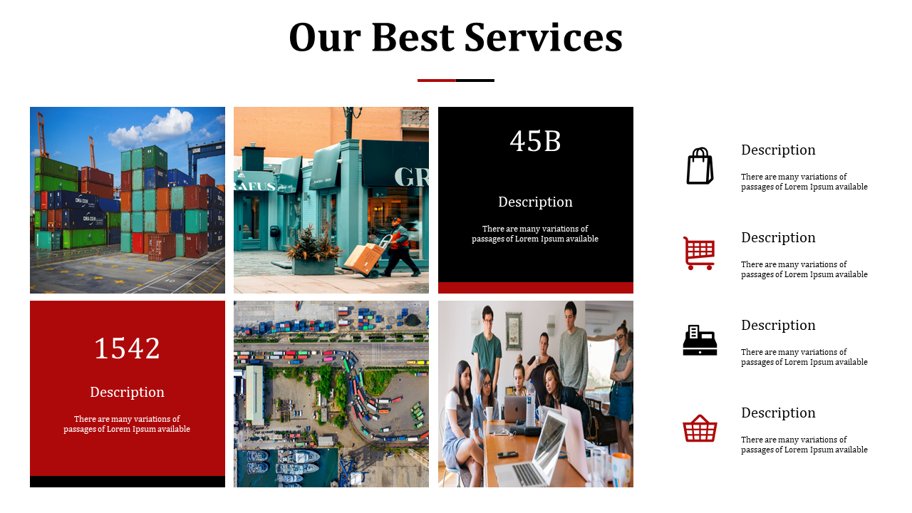 Service slide with six square images of logistics, with red and black stat boxes and four text to the right.