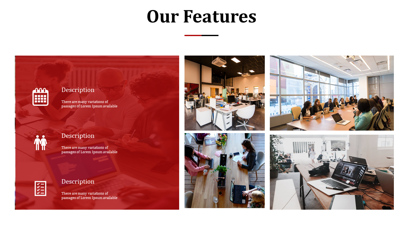 Grid layout showing red overlay feature list on the left and four rectangular office environment images on the right.