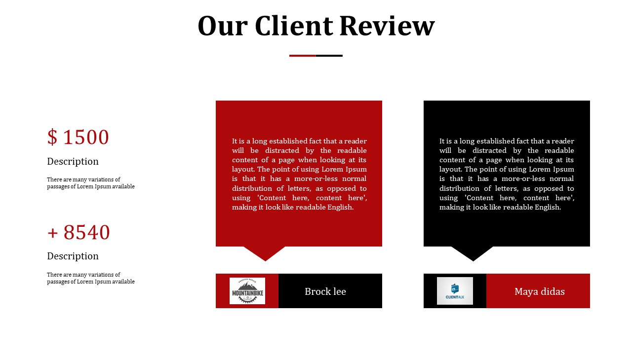 Two review sections featuring client feedback in red and black blocks with icons and names placed beneath each testimonial.
