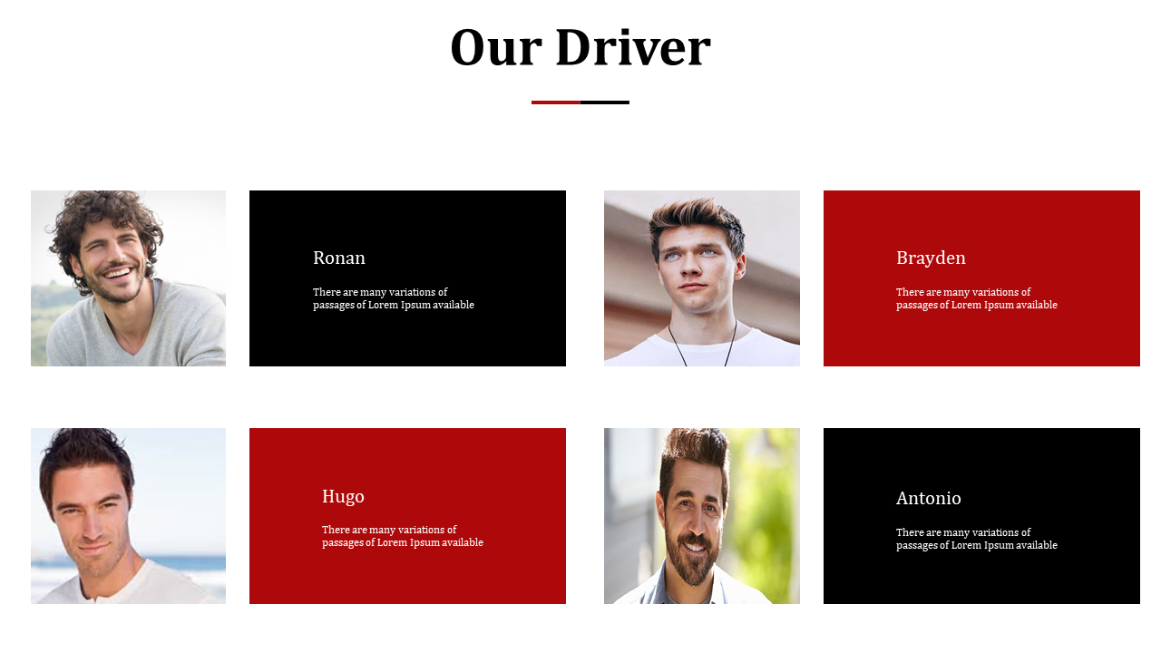 Slide with four driver images arranged in a grid with name and description labels in alternating black and red boxes.