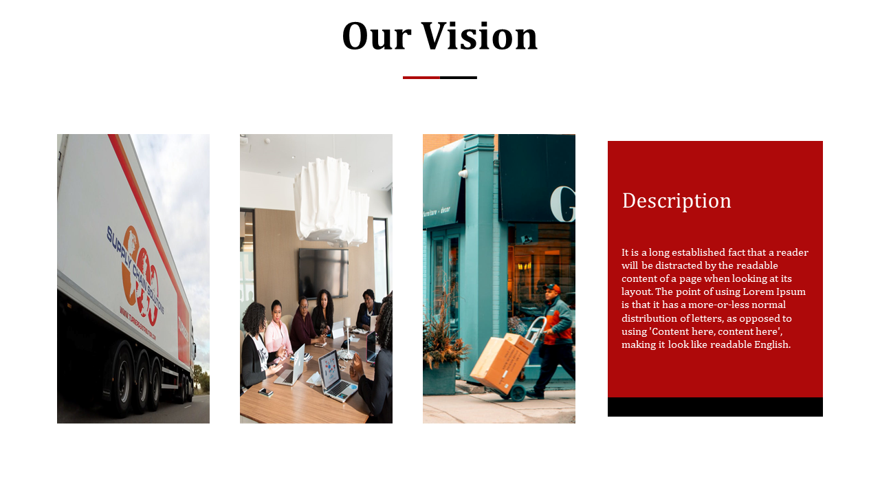 Three images in a horizontal row featuring a truck, office meeting, and delivery action, and a red sidebar description.