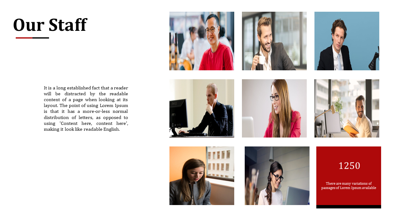 Professional staff collage with eight people working at desks, and a red block with number displayed at the bottom.