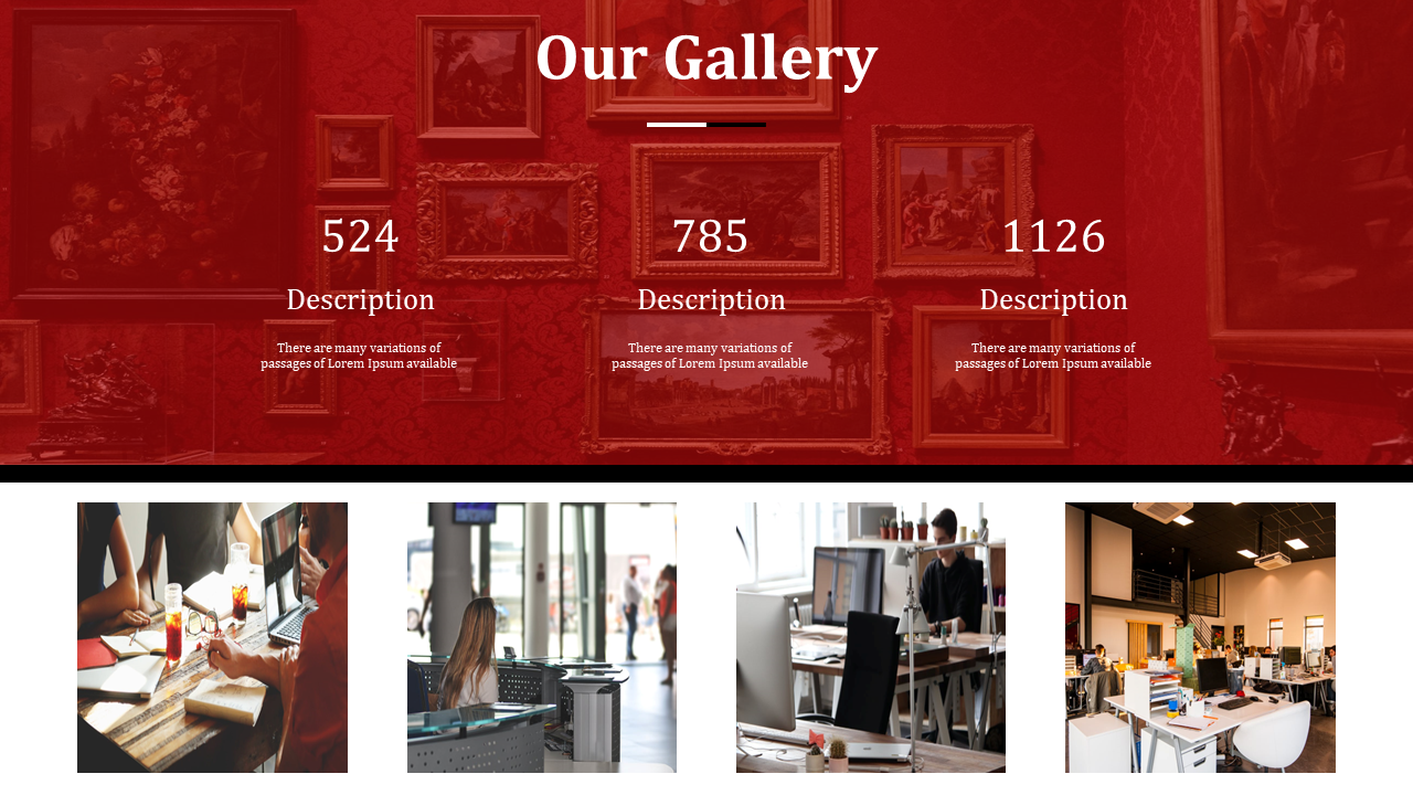 Slide with art gallery frames on a red background and office workspace photos in the lower section with a white border.