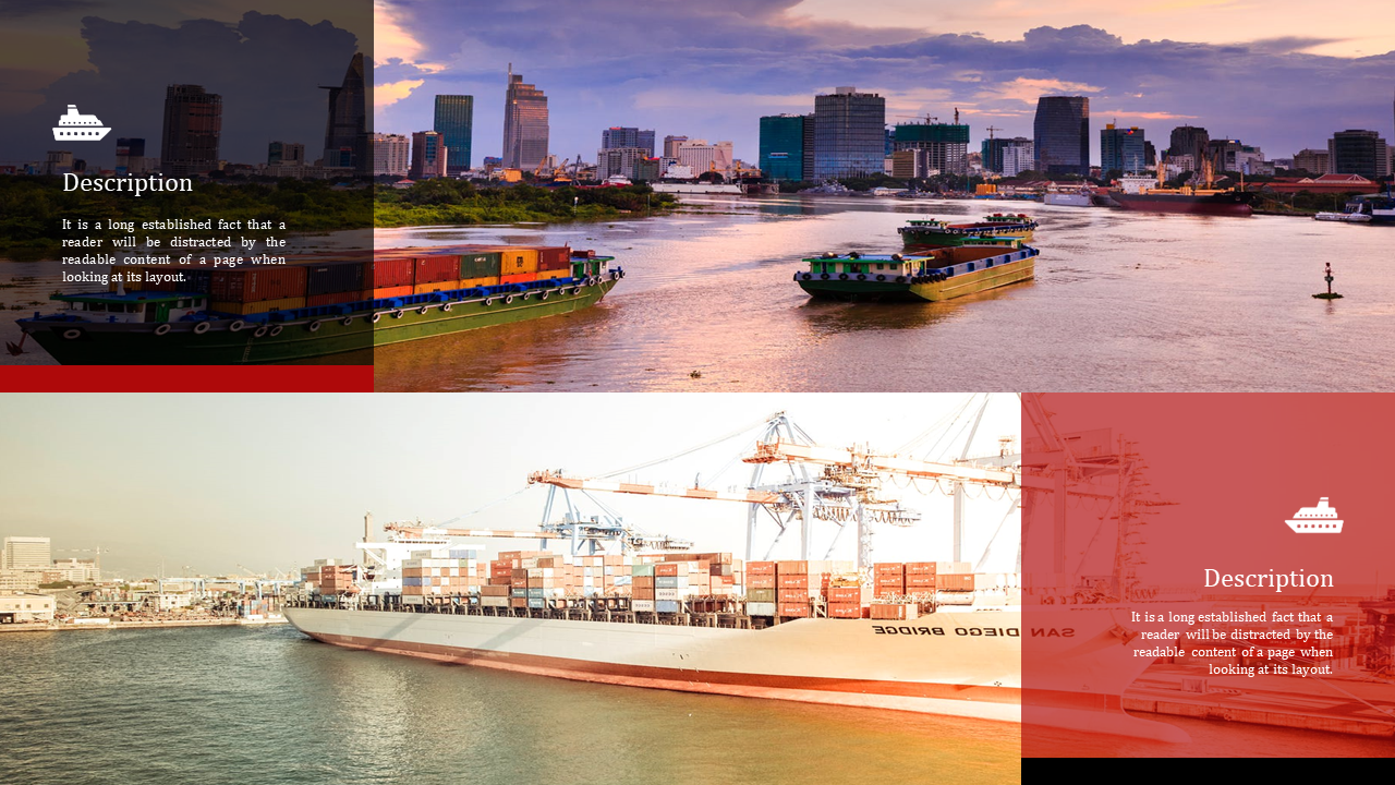 Split slide with two shipping images, one featuring boats and the other with a large cargo ship, in red and green tones.