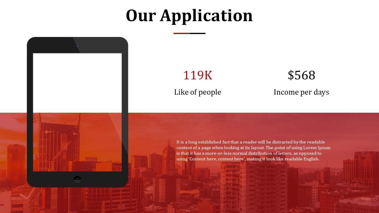 Red background with a cityscape, an app mockup with a tablet centered in the frame, and two statistics displayed beside.