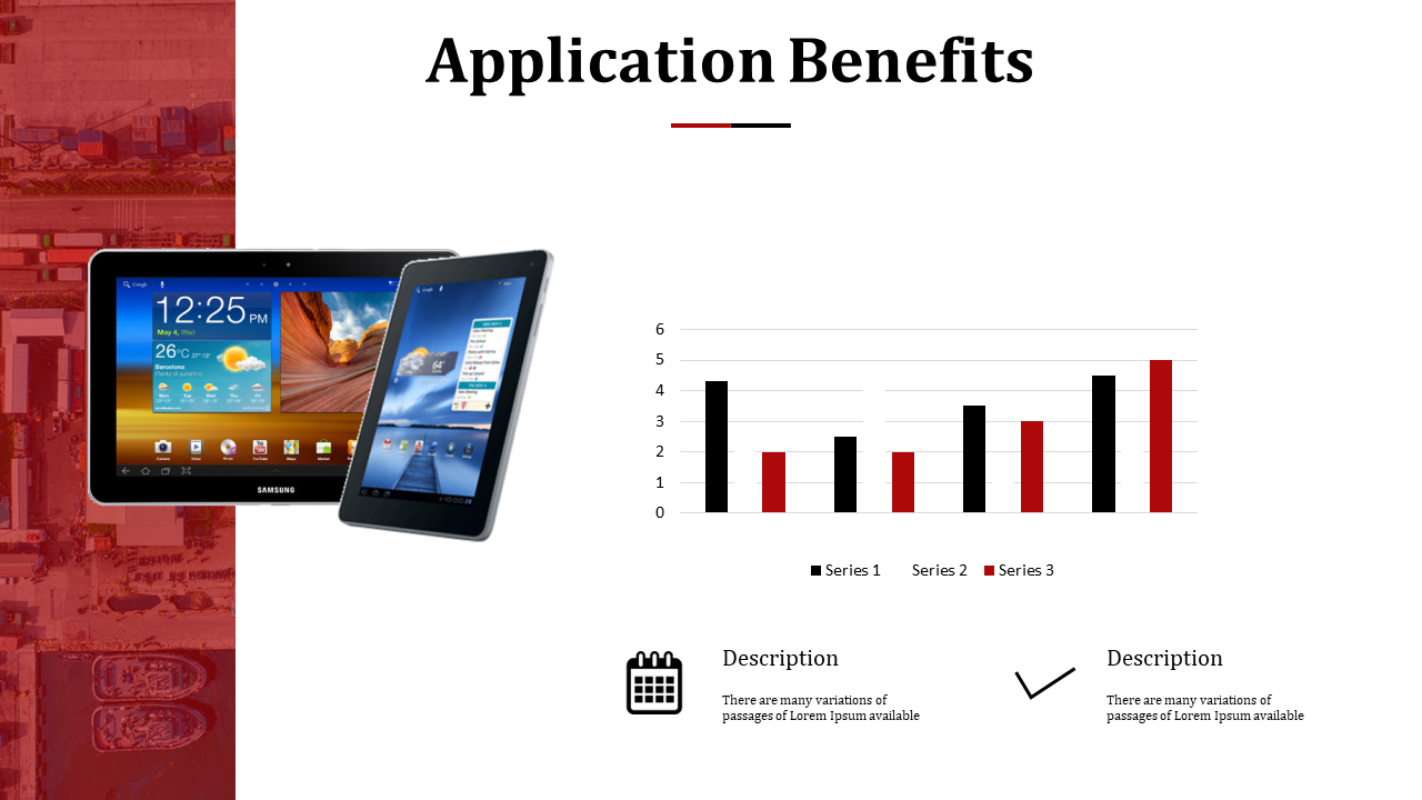 Two tablets on the left and a bar chart on the right in red and black, with icons and description at the bottom.