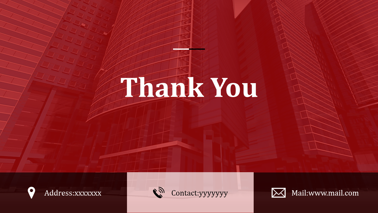 Professional thank you slide with a red skyscraper backdrop, featuring contact info and address at the bottom.