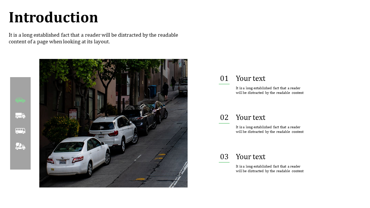 Slide showing a street scene with cars, vehicle icons in a gray bar, and three text sections on the right.