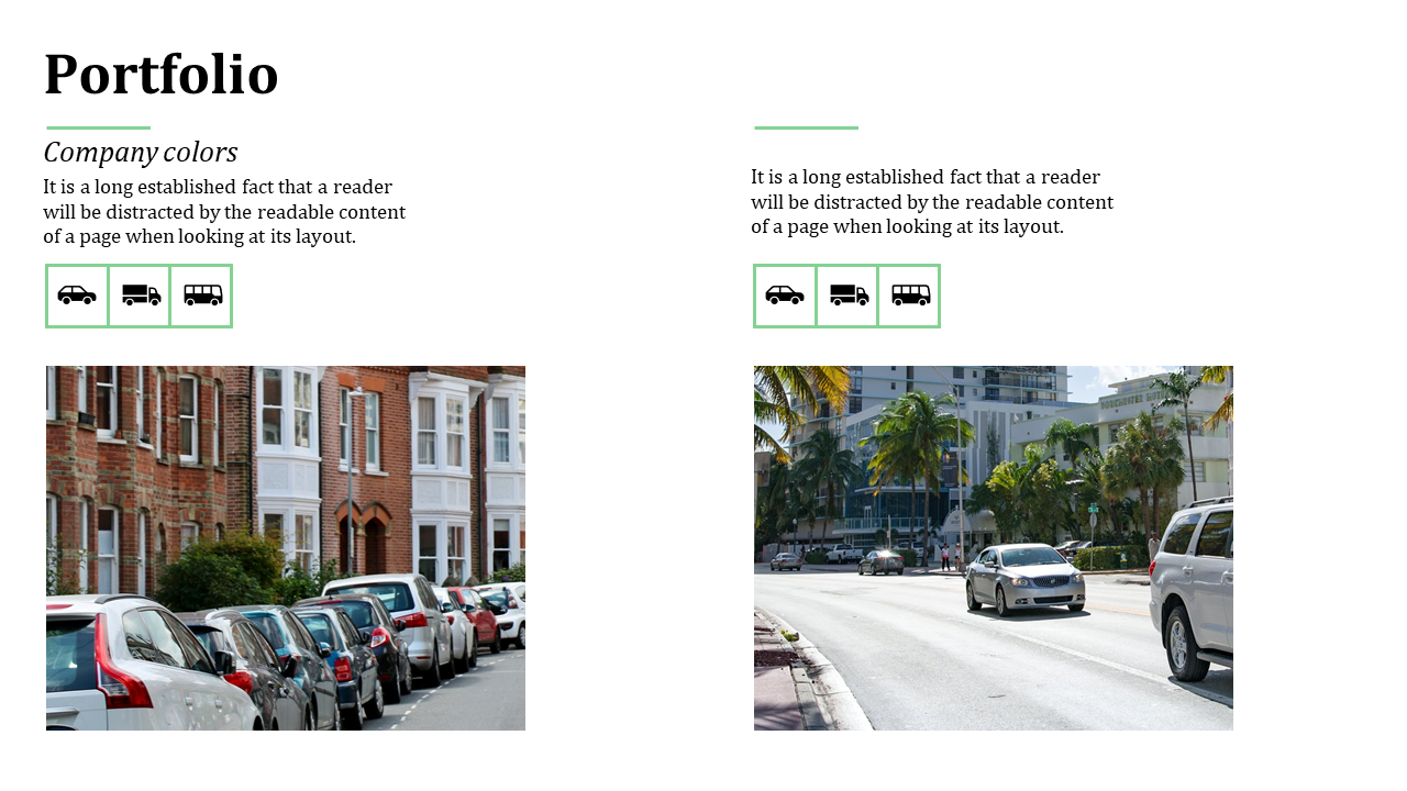 Slide showing two images of cars parked on a street and traffic scene, paired with vehicle icons in green above.