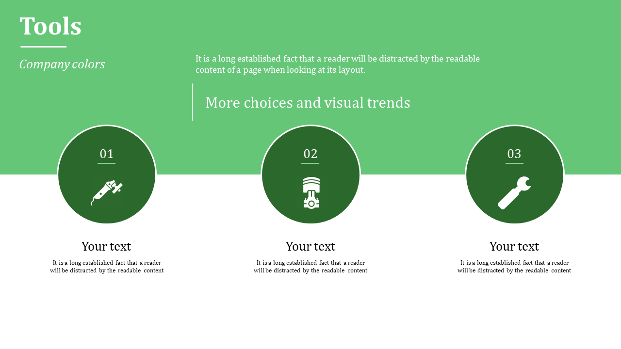 Slide with three green circular icons representing tools, each with a number, title, and text section below.