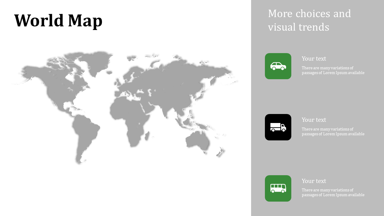 World map on the left white section, beside green and black icons for vehicles on the right in a gray sidebar.