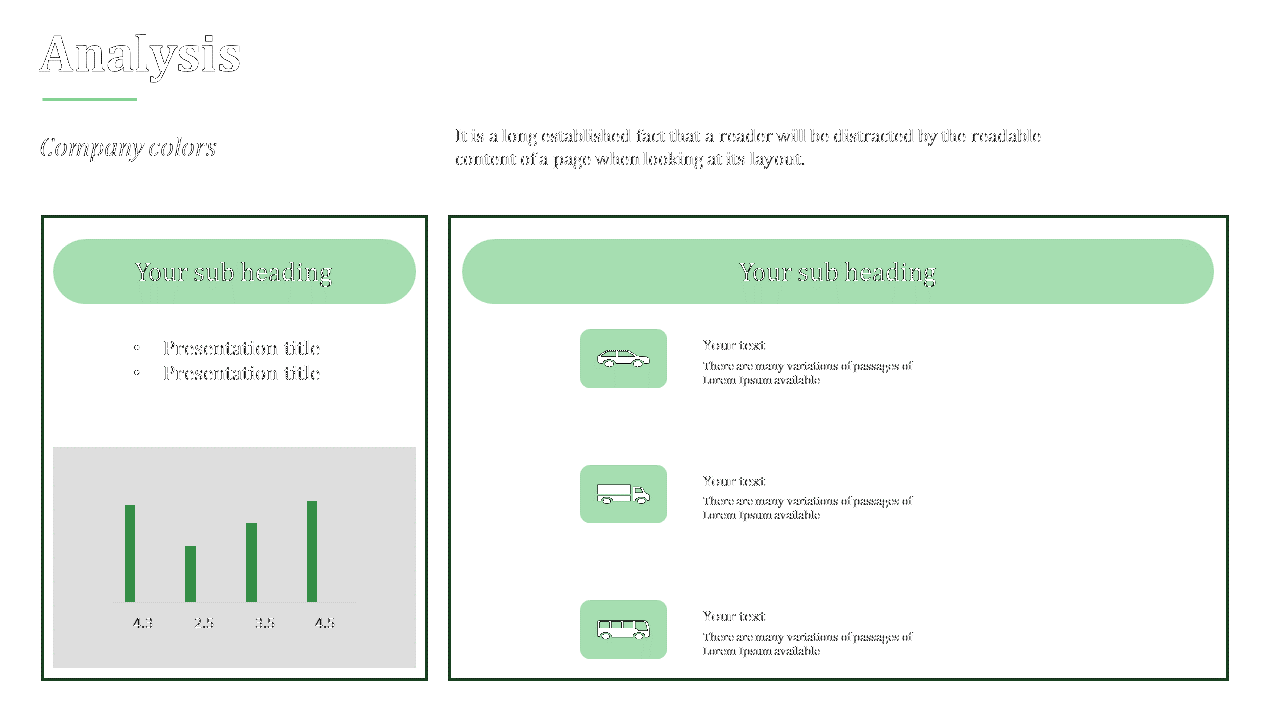 Analysis slide with a bar chart and three vehicle icons in green themes, set in boxes with text sections aligned below.