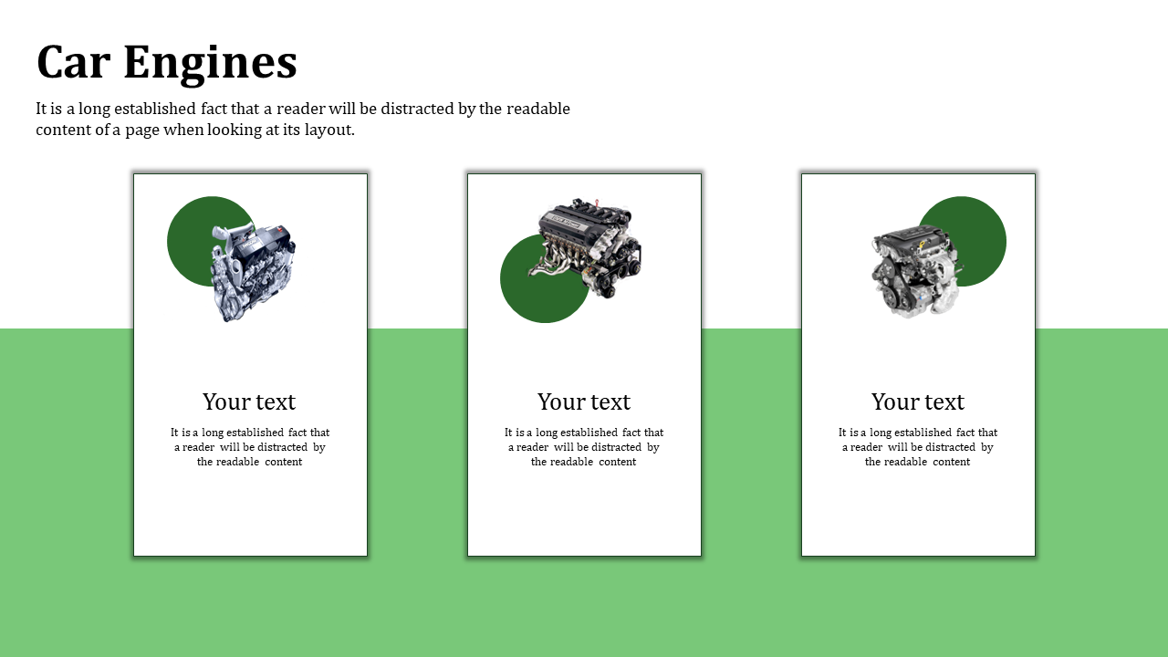 Slide with three engine illustrations inside white bordered boxes, set on a green background with text sections.