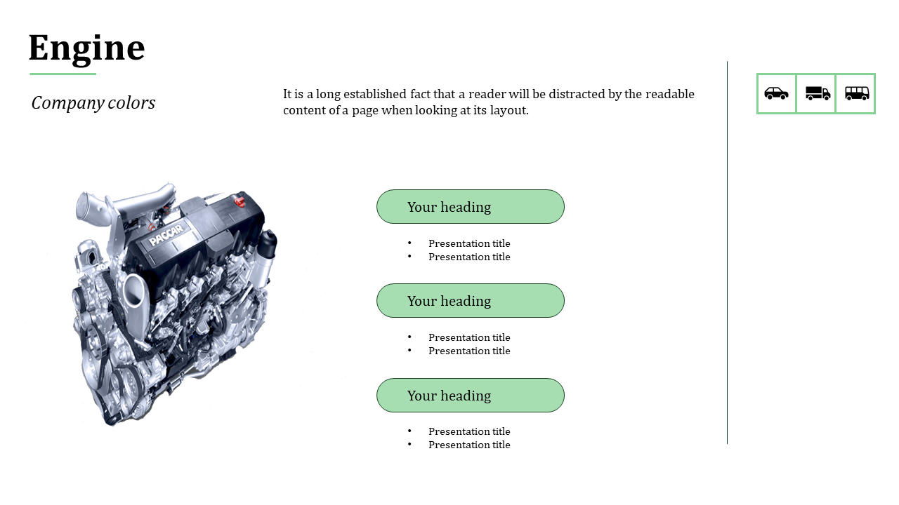 Slide featuring a car engine image with three green bordered boxes, each with a heading and bullet points.