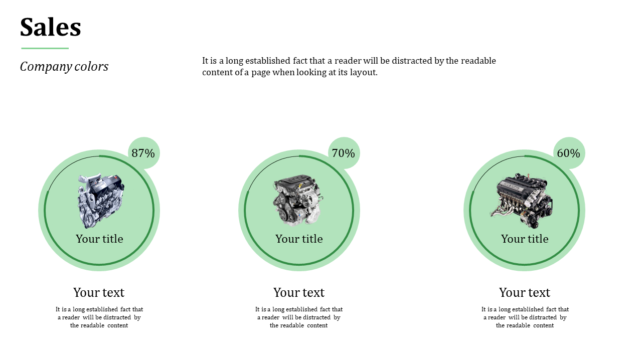Slide with three green circular icons showing engine images and percentage values, with text below, on a white background.