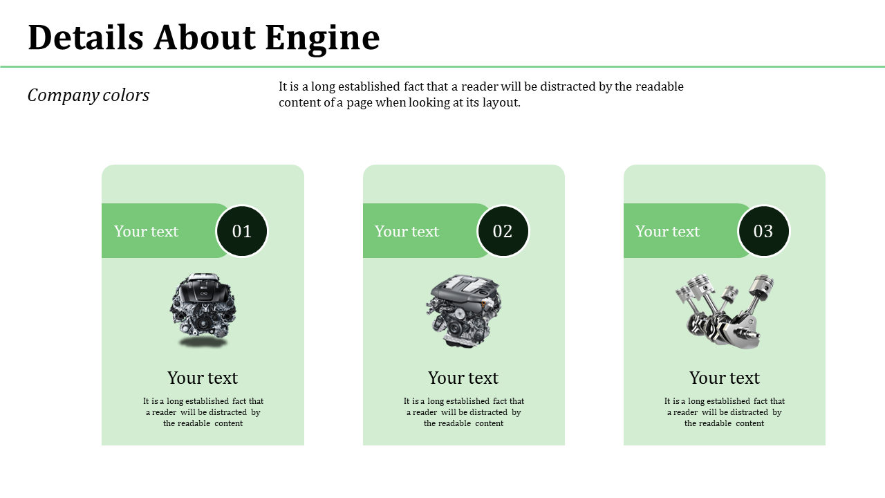 Slide with three green colored cards displaying car engine images, each with a dark numbered circle and text.