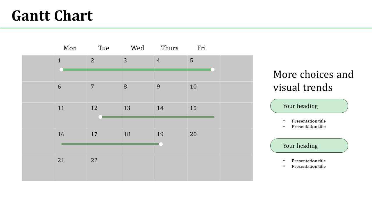 Weekly calendar layout showing task progress with green bars and white dots on a gray grid background.
