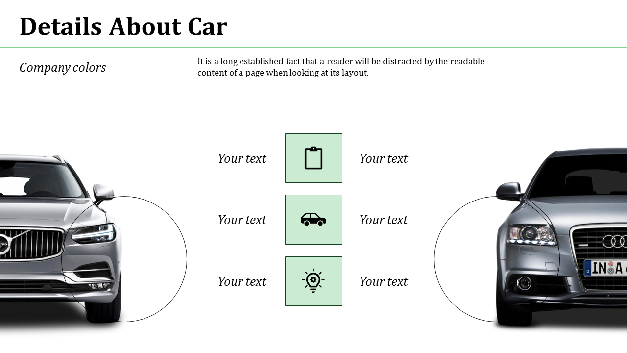 Slide with two car images on the sides and three green square icons in the middle for various specifications.