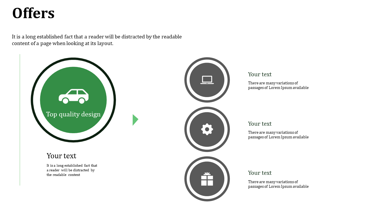 Offers slide with a car icon in a green circle, followed by three gray circular icons with text sections to the right.