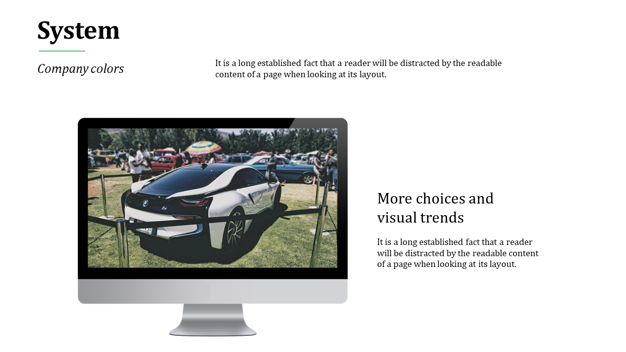Slide with a white car displayed on a computer screen and text on the right, set against a neutral background.