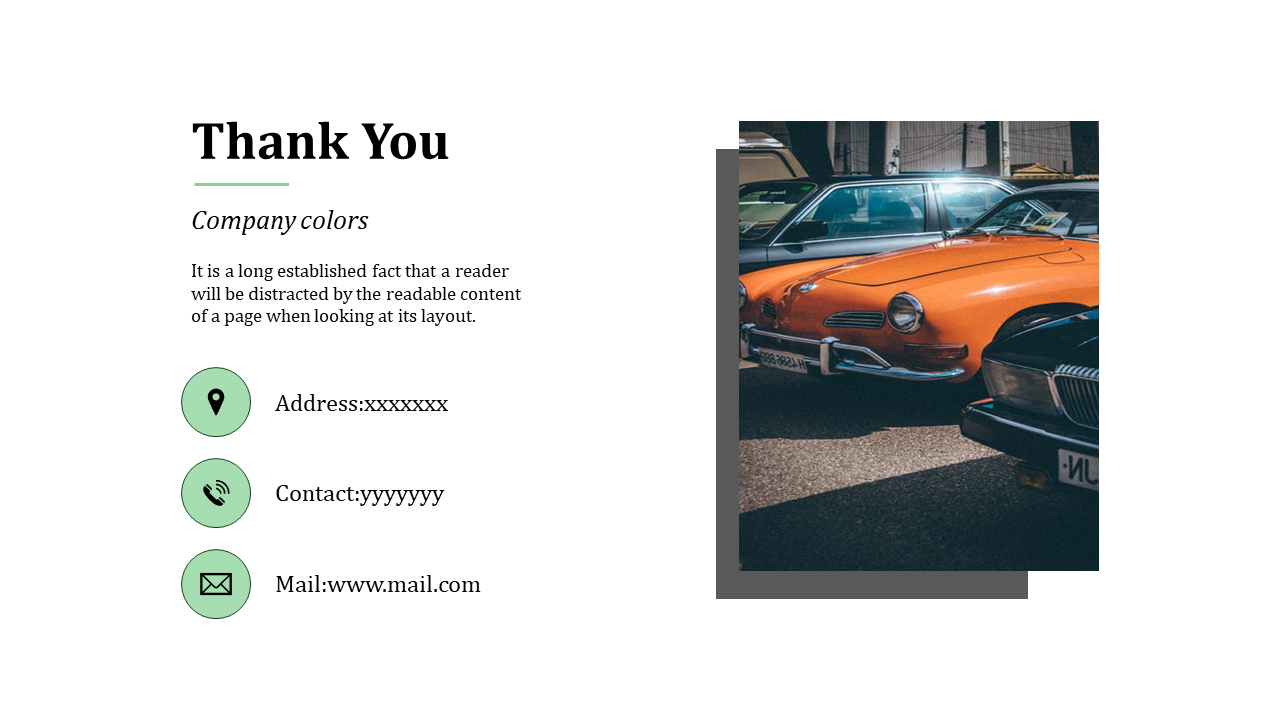 Thank you slide with three green circular icons showing contact details and orange vintage cars on the right.