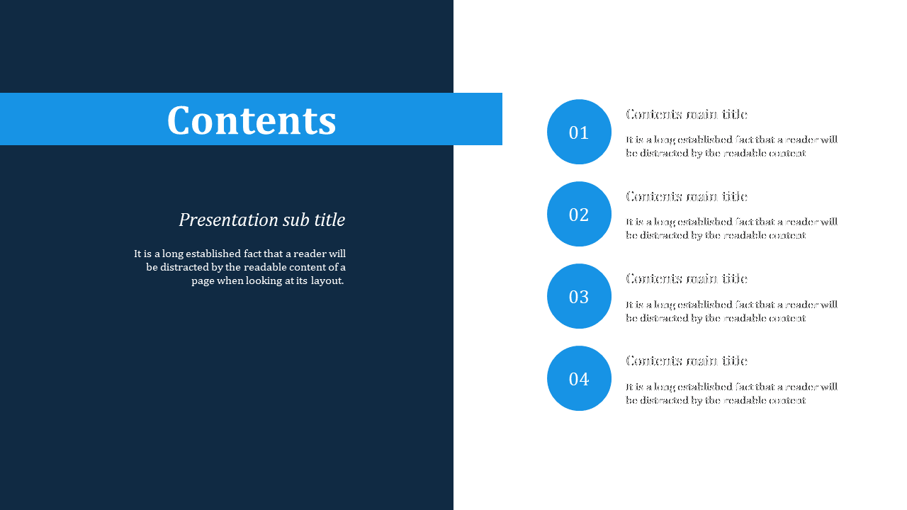 Split layout with dark blue left and white right featuring four numbered blue circles and steps beside.