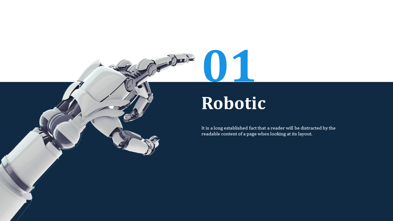 Silver robotic arm points right across a white and navy split background, with bold blue and white text on the right.