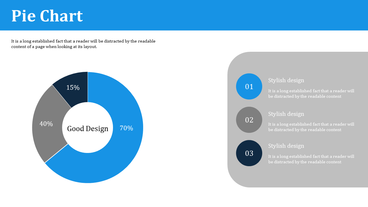 Donut pie chart with blue, gray, and dark sections with percentages, and a gray sidebar with three numbered circular icons.