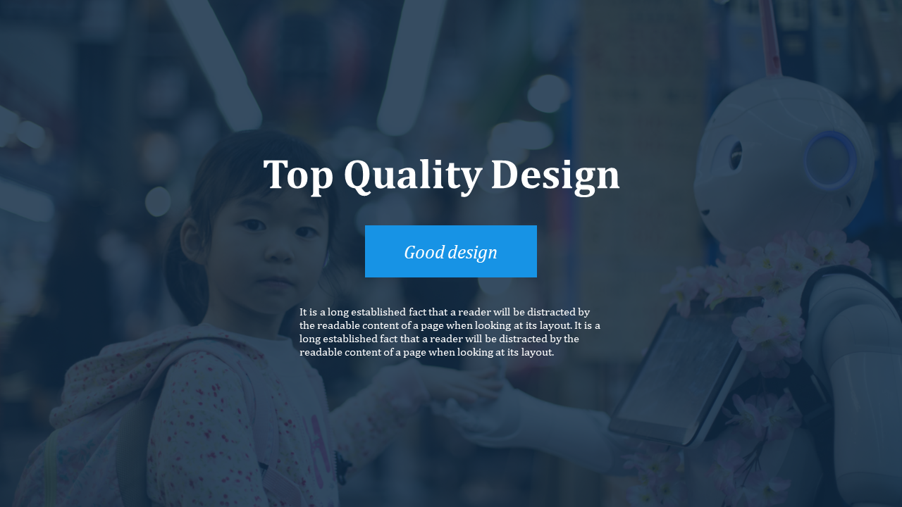 A robot holding hands with a young child in a blurred public setting, overlaid with text about quality design.