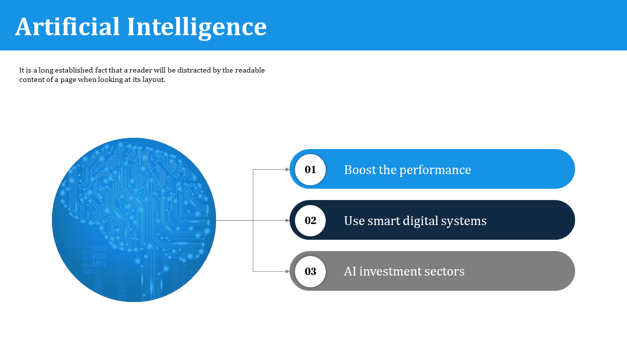 Slide showing a digital brain graphic linked to three rounded bars listing AI benefits in blue, navy, and gray.