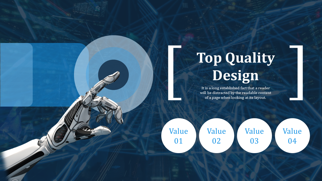 Futuristic slide with a robotic hand pointing toward a target graphic and four circular value labels under a design headline.