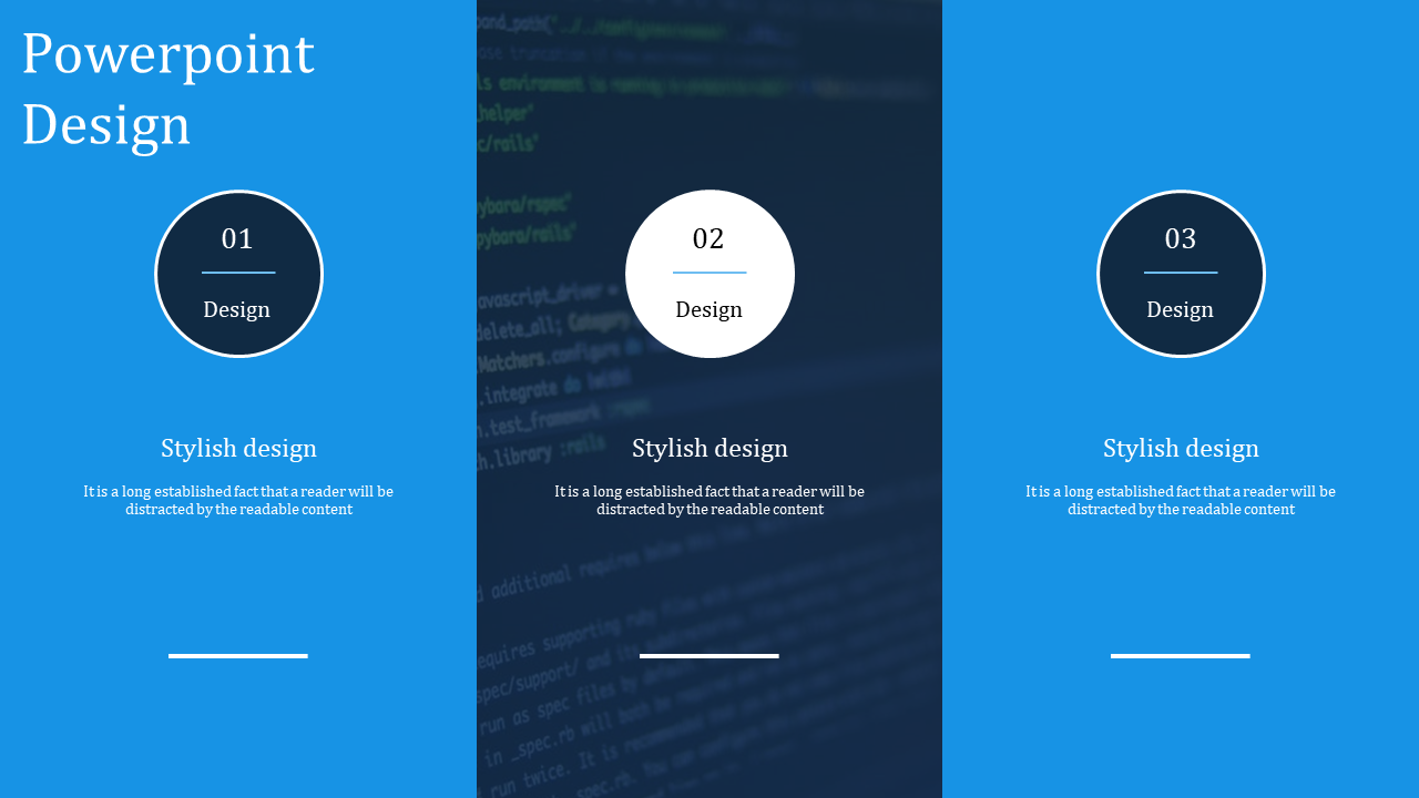Split layout with dark and blue vertical panels with circular design steps labeled 01 to 03, featuring text blocks.