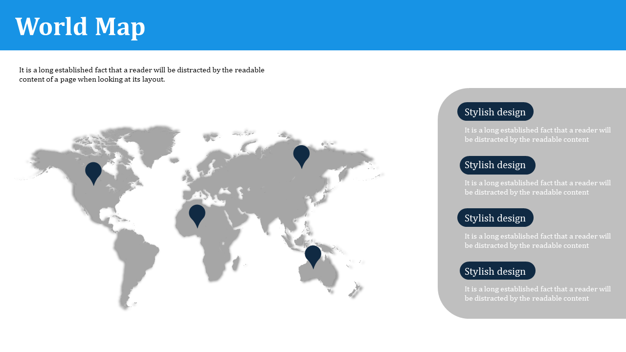 Grayscale world map with four dark location pins and a sidebar listing design points with descriptive text.