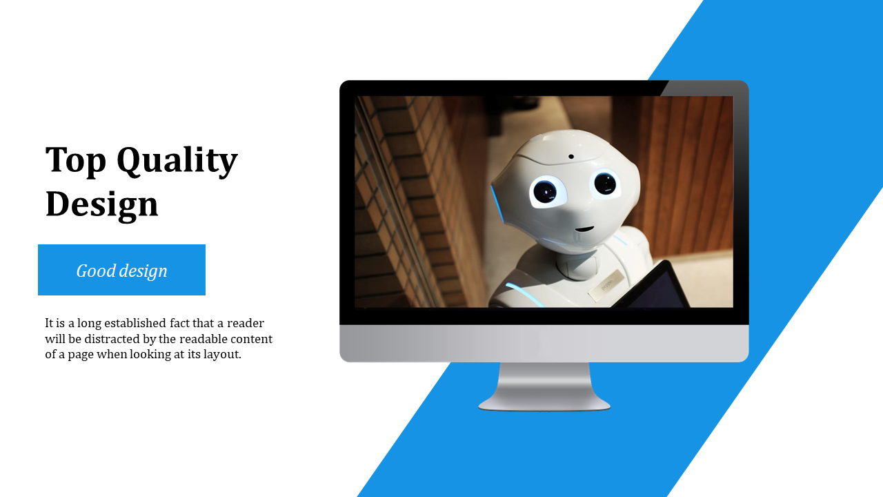 Slide with a robot face on a desktop screen and design content on a diagonal white and blue background.