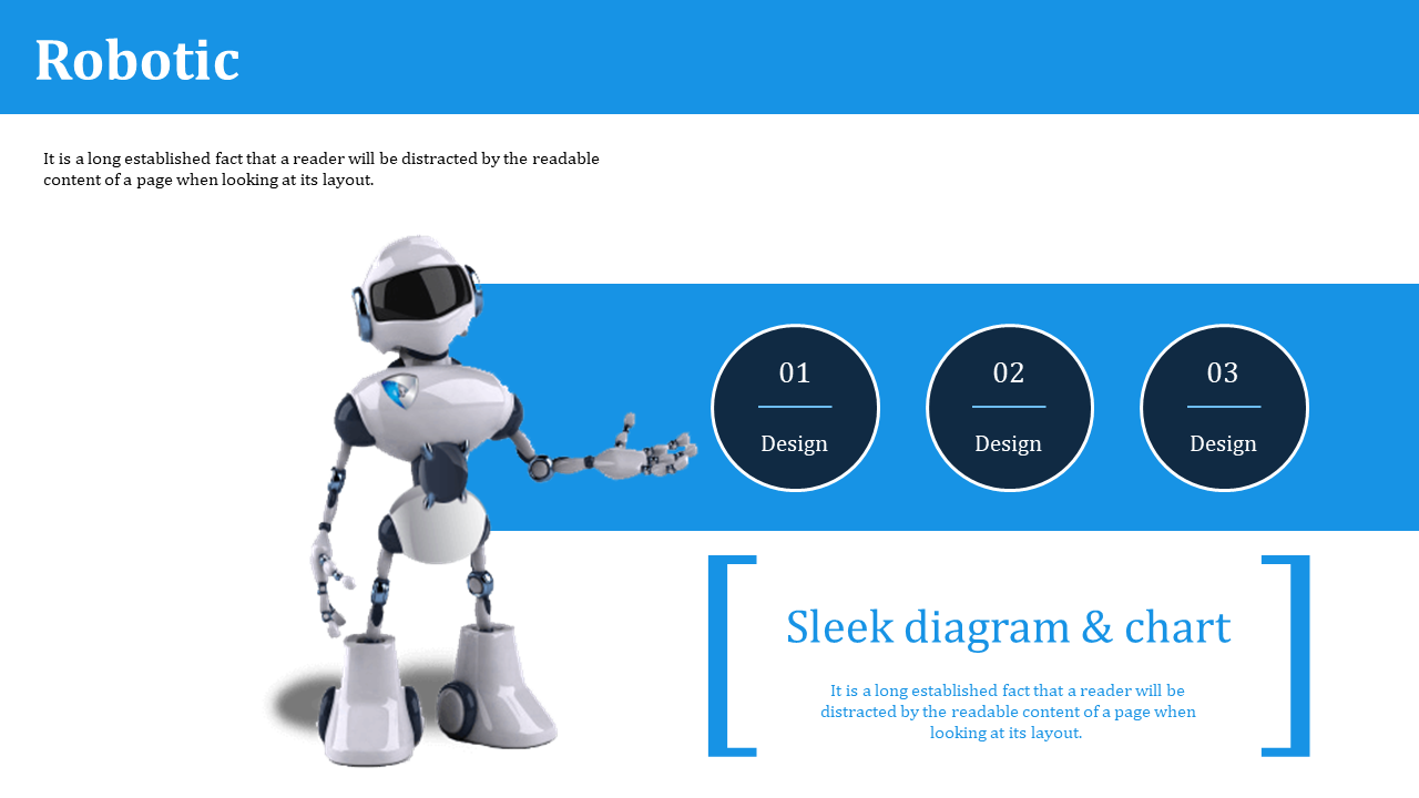 Humanoid robot on left with three numbered dark circular design steps, over a bright blue strip.