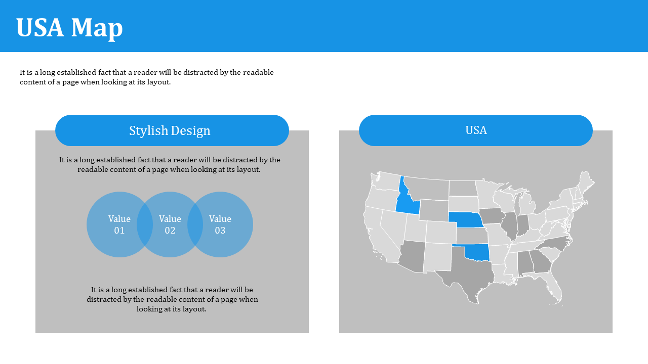 Infographic showing a USA map with highlighted states and a three blue overlapping circular values, both on a gray panel.
