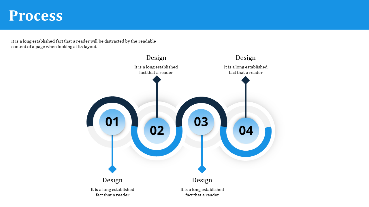 Process flow with four numbered blue and black circular icons, each linked by a curved connector, paired with steps.