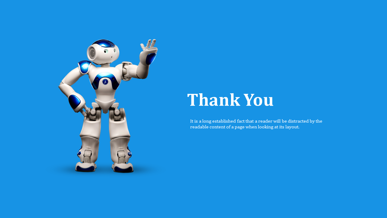 Humanoid robot waving on blue background with bold thank you text and a short message on the right.
