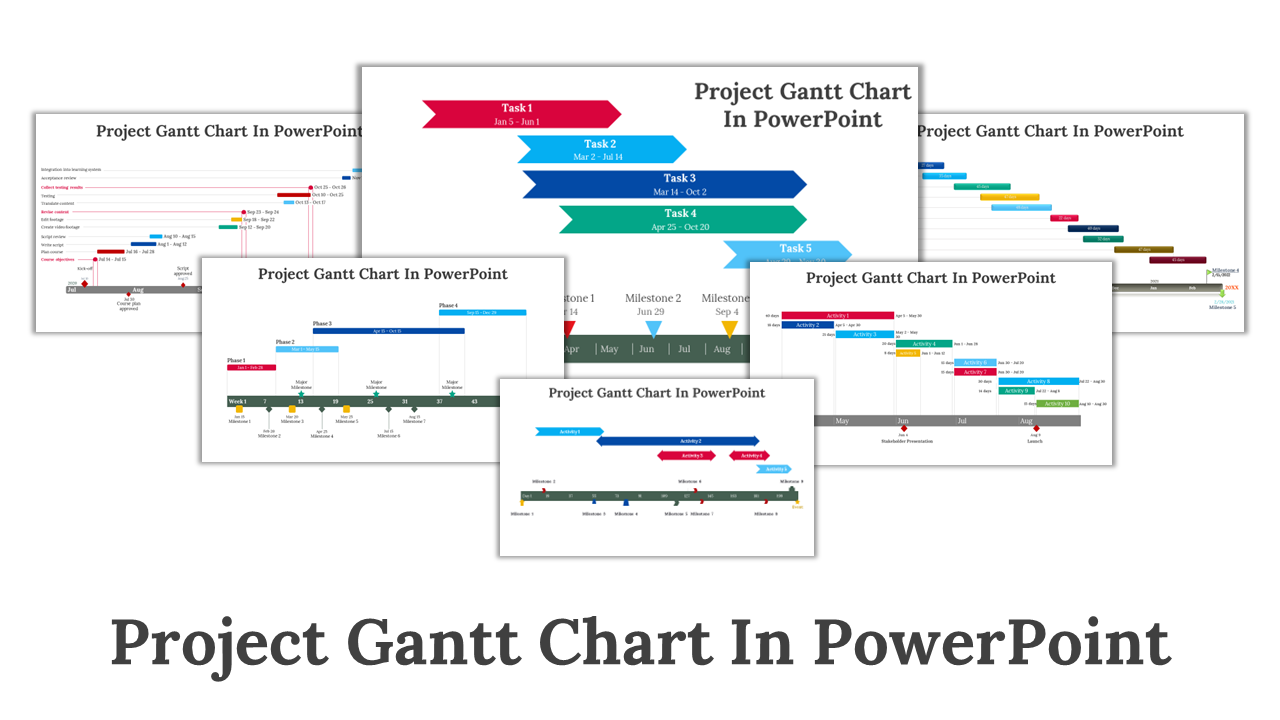 Slide deck showcasing gantt charts with colorful bars and timelines, arranged in multiple layouts and designs.