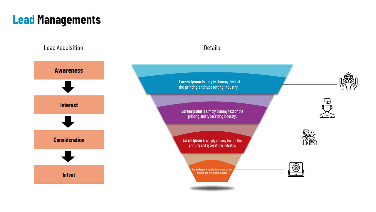 Funnel chart with four gradient segments and icons, paired with a vertical flowchart in peach boxes for lead stages.