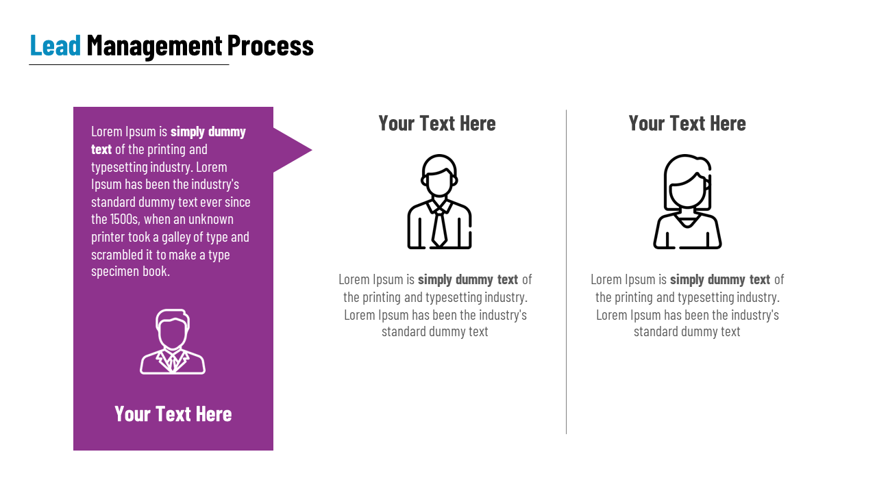 Three column layout with purple callout box, male and female icons, and placeholder text in a clean, white background.