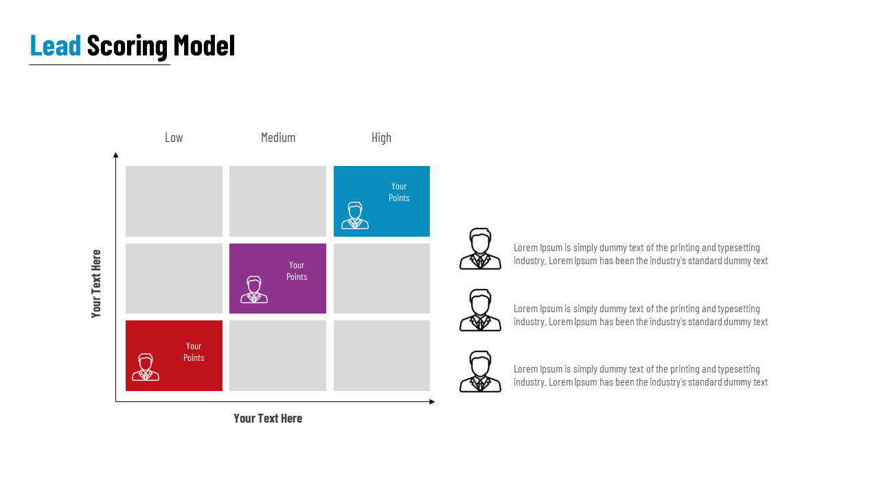Grid layout with nine squares in grey and three highlighted in blue, red, and purple, with human icons and text on the right.