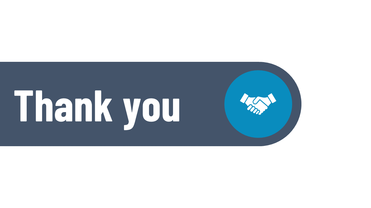 Horizontal thank you banner with dark rounded bar, featuring white text, and handshake icon in a bright blue circle.