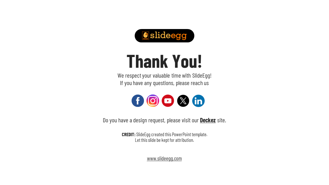 White thank you slide with centered text, rounded logo, colorful social icons, and underlined link.