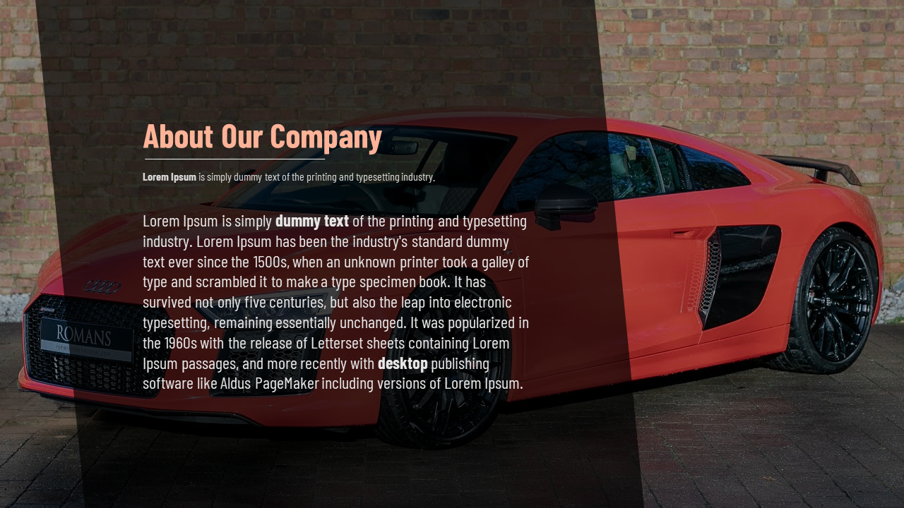 Slide featuring a parked red car beside a brick wall, with dark angled overlay, featuring white text and orange heading.