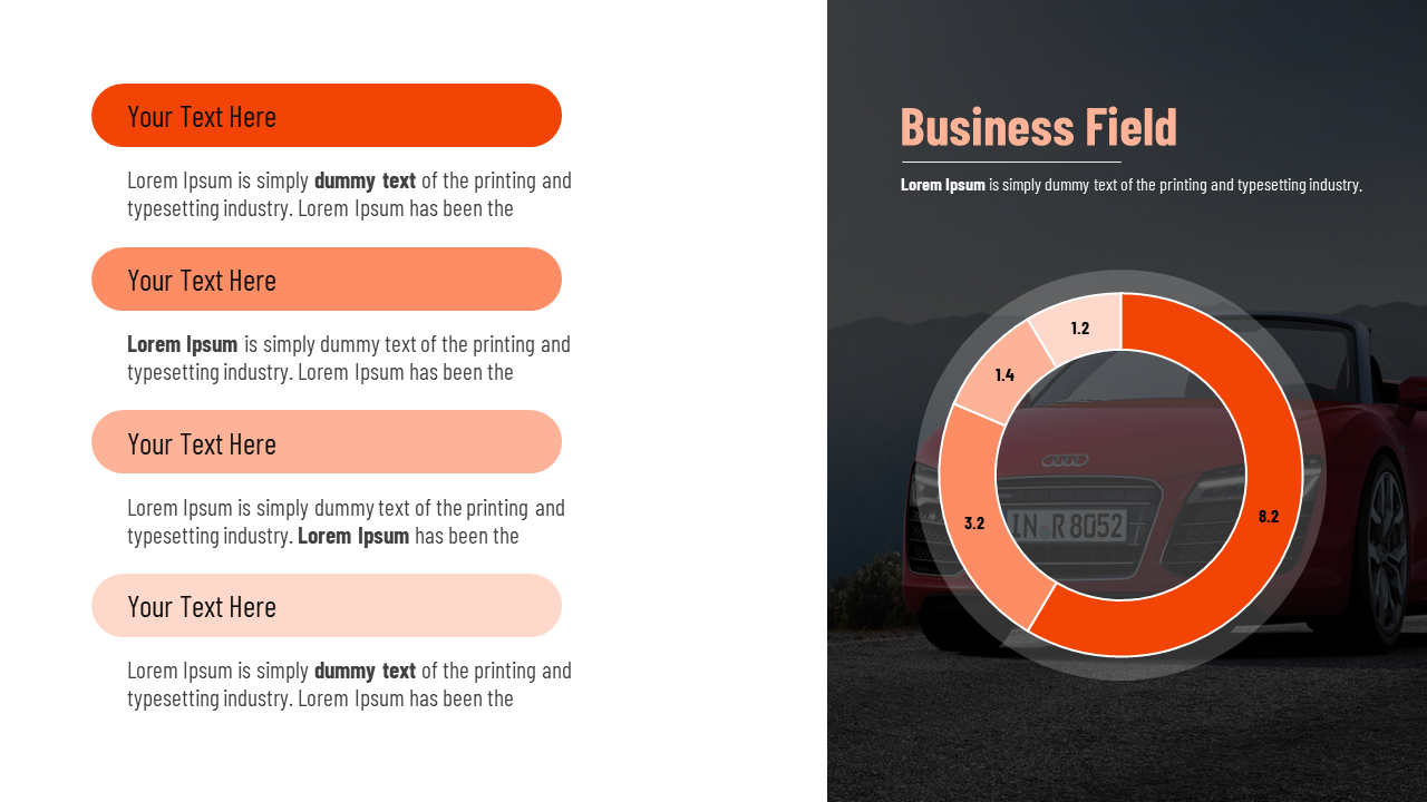 Donut chart in orange tones on right with a red car backdrop and  four rounded buttons and text blocks on the left.
