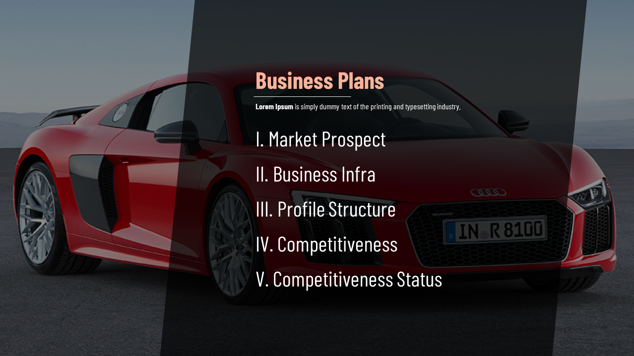 Red sports car background with black overlay showing a business plan list in bold white text and orange title.