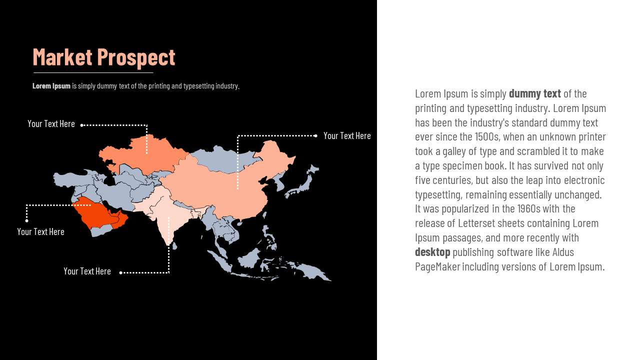 Asia map in the dark backdrop with four highlighted countries in orange shades and right panel with gray body text.