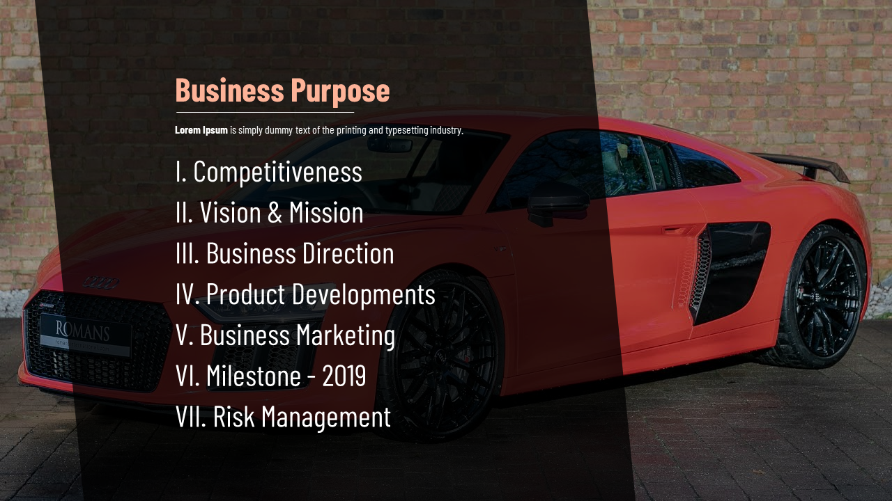 List of seven business topics over a dark overlay on a red sports car background parked near a brick wall.