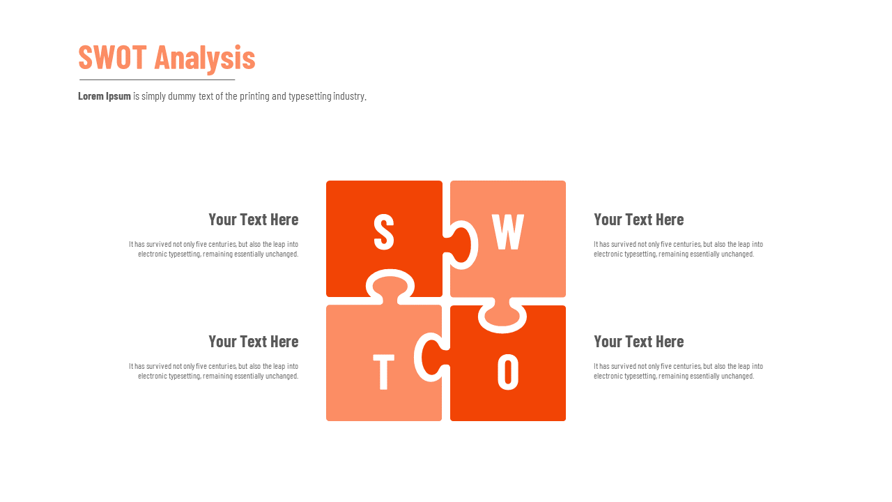 Four orange interlocking puzzle pieces forming a SWOT matrix surrounded by text zones on a clean white layout.